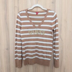 Y2K‎ Guess Womens Sweater Size M Tan White Striped Logo Preppy Casual Bling